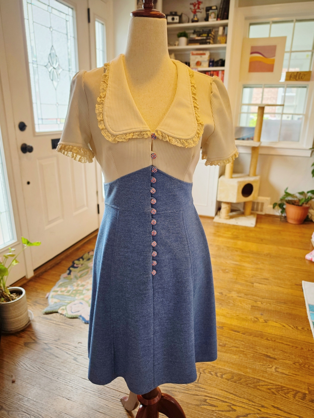 Vintage Patricia Fair Cream and Blue Mini Dress Size S